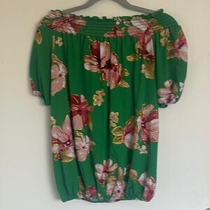 Green Puff Sleeve Blouse with Ruffled Smocked Design